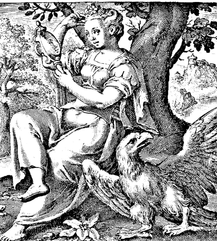 Engraving of a woman studying her own reflection in a hand-mirror, an eagle at her side